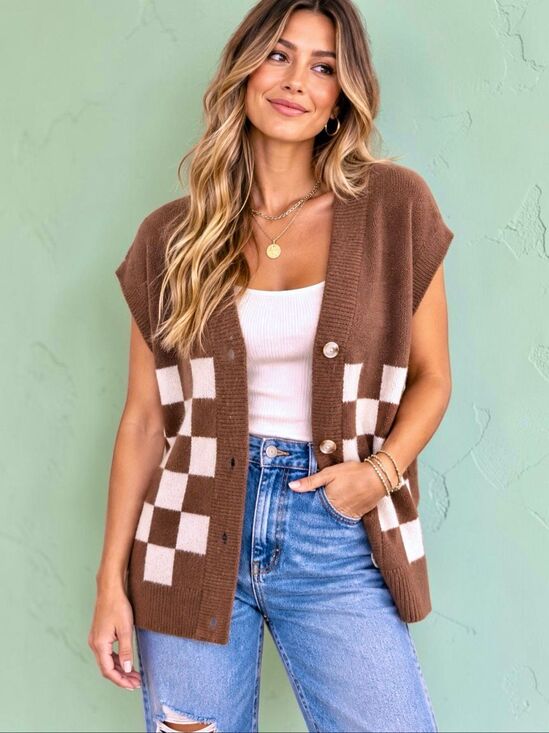 Anniewear Sweaters - Annie Wear Brown Checkerboard Sweater Vest Button Front Knit Cardigan NEW